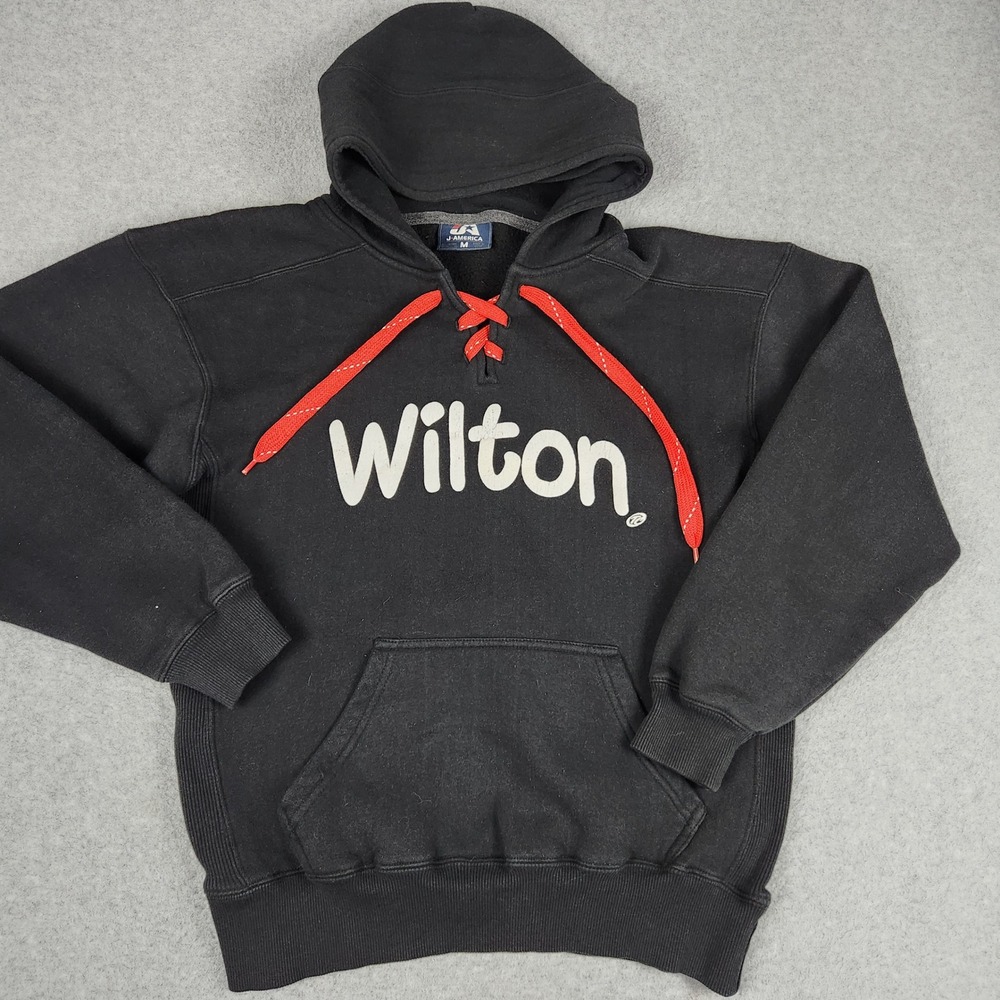J. America Hoodie Women M Black Wilton Hockey Lace Up Graphic Ribbed Sweatshirt
